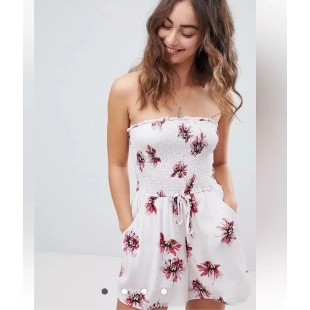 Land of Gypsies Floral Smocked Strapless Romper White Pink Large Pockets